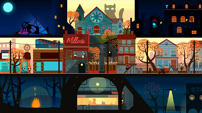 Night In The Woods 2d adobe after effects adobe illustrator animation character animation cozy illustration motion design motion graphics night in the woods town vector