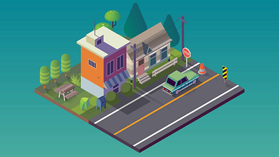 Isometric street 2d adobe after effects adobe illustrator animation car house illustration isometric isometric animation motion design motion graphics street vector