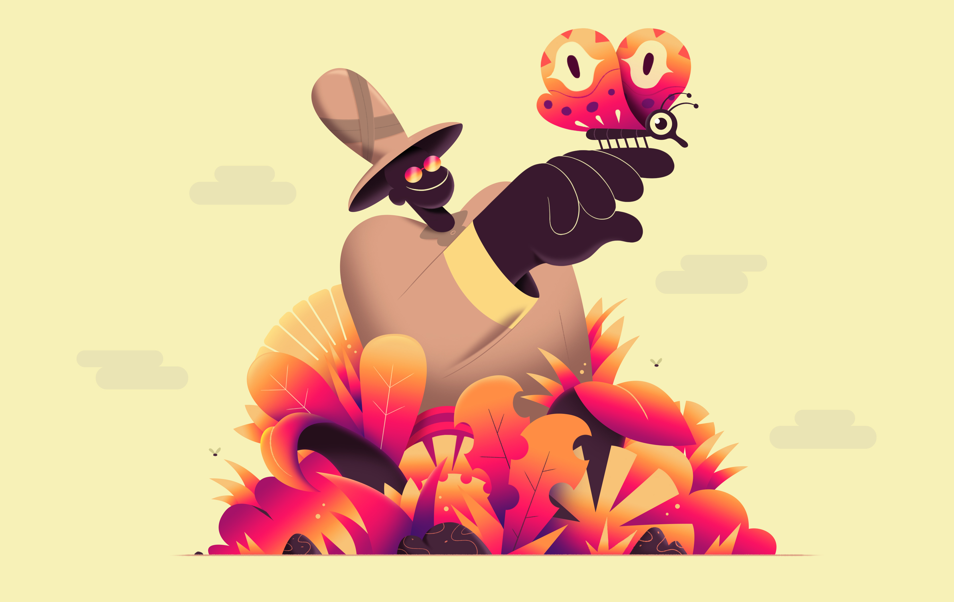 Safari adventure adventurer africa bug butterfly discovery explorer flora florian farhay flower forest gradient illustration insect jungle plant plants safari travel trees