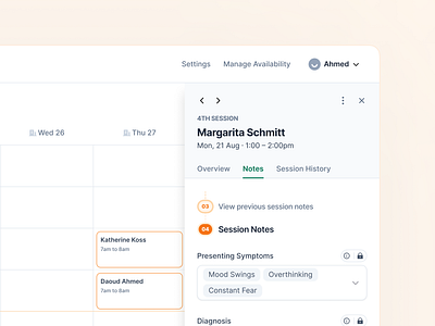 Fitcy | Therapist's Dashboard calender conversions design management notes online appointment sessions therapy tracking ui ux