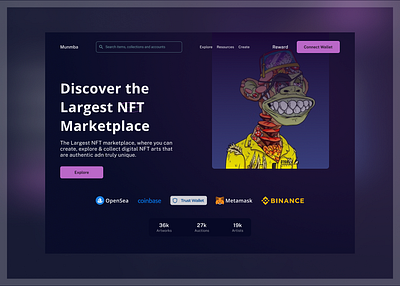 NFT LANDING PAGE - (Munmba) animation binance collection crypto cryptocurrency design ethereum graphic design hero page illustration landing page marketplace monkey nft solana tether token ui user experience user interface