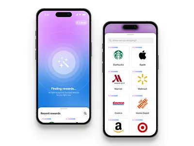 Gift Cards & Credit Cards Reward Finder app design bottom sheet cards gradient ios iphone minimal mobile app modern ui design