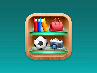 Itemlist App Icon app app icon ball books camera glass handbag icon icons ios madewithsketch shelf skeuomorphism wood
