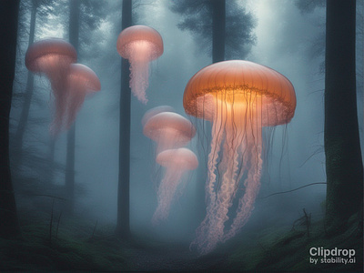 Glowing jellyfish floating through a foggy forest at twilight design evgheniiconev graphic design illustration lizzardlab