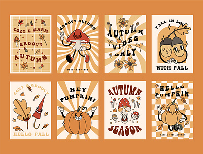 Groovy autumn posters & cards collection autumn card cartoon collection creative market cute decoration design fall flower groovy illustration leaves mascot mushroom poster print pumpkin retro set