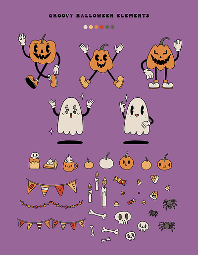Groovy Halloween illustrations collection autumn cartoon collection creative market cute design doodle fall funny ghost groovy halloween holiday illustration jack o lantern party pumpkin retro spooky