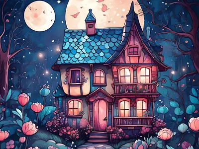 Cute House art clipart cute house night design graphic design illustration
