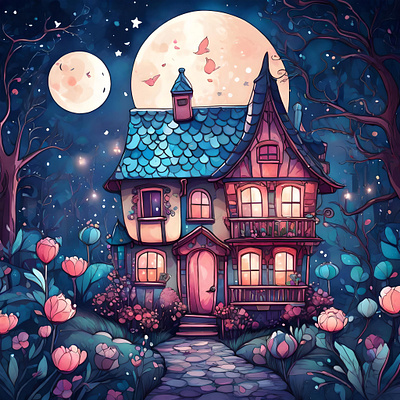 Cute House art clipart cute house night design graphic design illustration