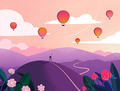 Pink valley & balloons balloons flowers hills illustration traveler valley vector