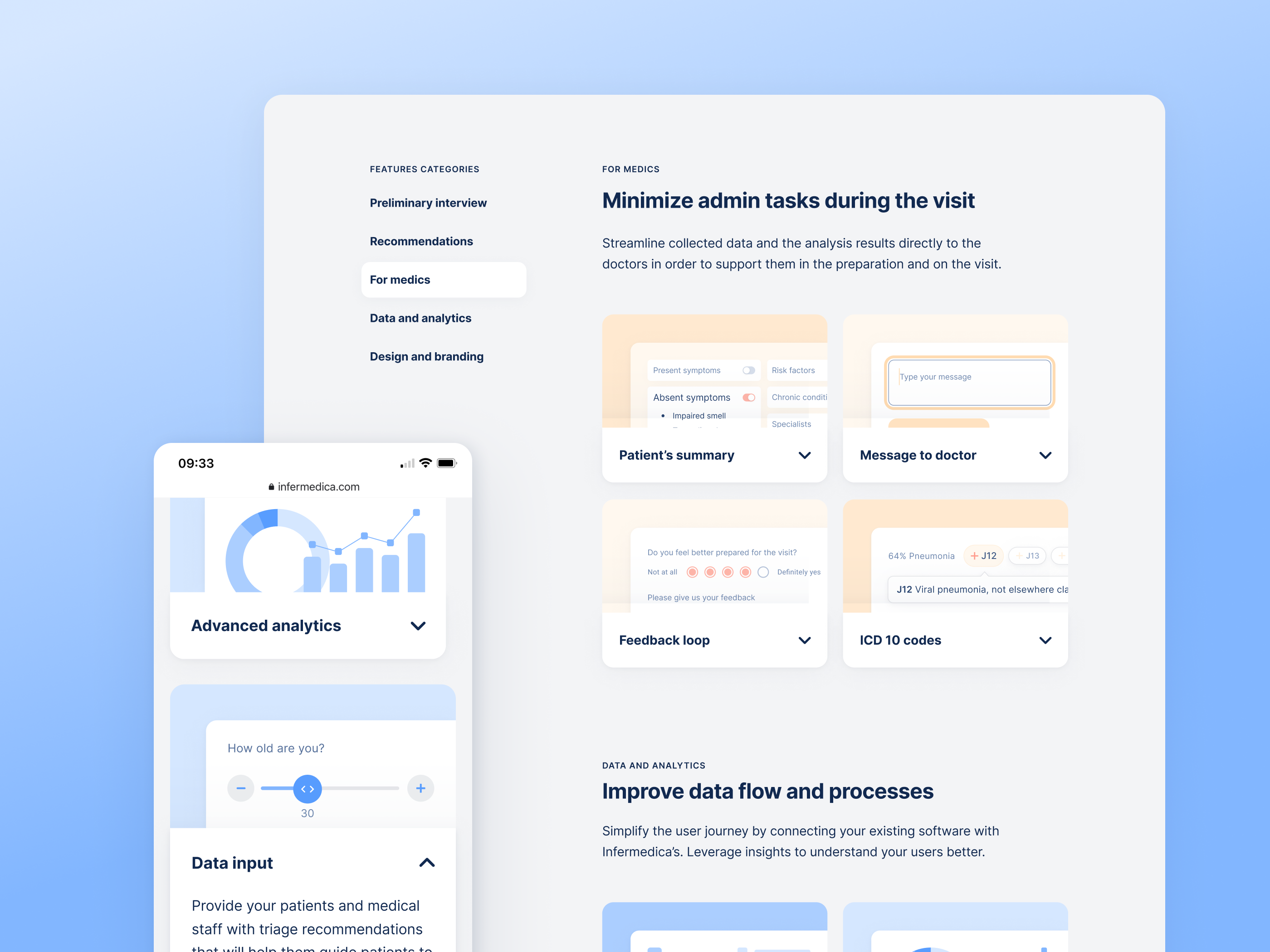 Infermedica – Features page blue clean corporate website design expandable features flat infermedica landing page medical minimal submenu ui user experience ux web web design website