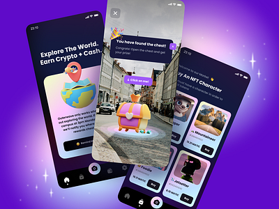 Crypto game 3d branding camera cards cash character crypto dark graphic design menu mobile app navigation nft notification onboarding screens space ui