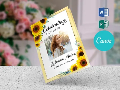 Watercolor Sunflower Funeral Program Template canva funeral canva funeral template canva template design funeral booklet funeral brochure illustration sunflower sunflower funeral watercolor sunflower word funeral