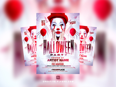 Halloween Circus Party Flyer circus clown creative flyer templates graphic design halloween halloween flyer illustration party flyer photoshop photoshop design poster red and white