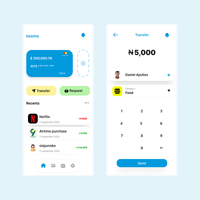 e-wallet dashboard and transfer screen app design ui