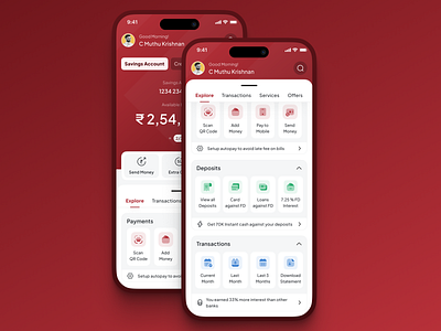 Mobile Banking: Dashboard Design for an Indian Bank bank dashboard dualtone finance gradient icons mobile personalised red