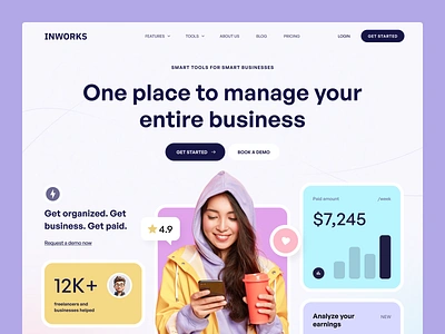 Inworks - Client management tool website business management tools chart clean client management tool color design freelancers fun graphic design income expense tracking landing page minimal pms project management system task management ui ux vibrant web design website