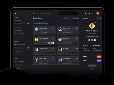 Dark Mode agency app ui dark dark theme dashboard dstudio filter freelancer hiring platform landing page menu product design profile search typography ui ui ux user experience ux web app