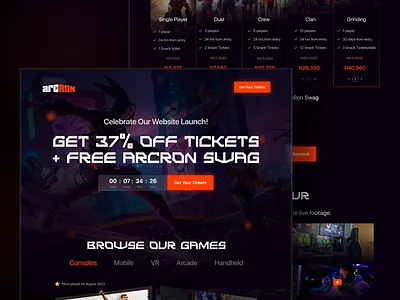 ArcRon Gaming Hub Landing Page mini case study arcade discount fortnite game game ui game website landing page mobile game one page product design research ticket ui ux valorant visual design vr