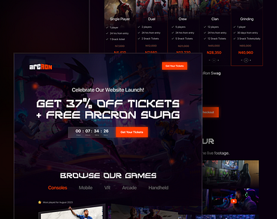 ArcRon Gaming Hub Landing Page mini case study arcade discount fortnite game game ui game website landing page mobile game one page product design research ticket ui ux valorant visual design vr