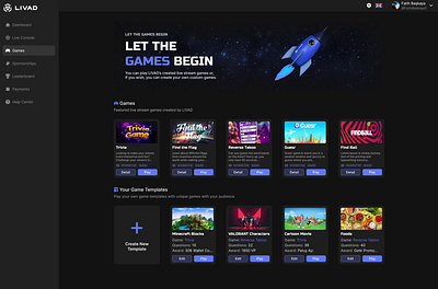 New games page on LIVAD for Streamers design ui ux