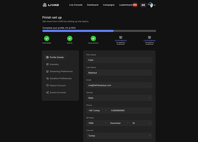 New setup instructions page on LIVAD for Streamers design product ui ux