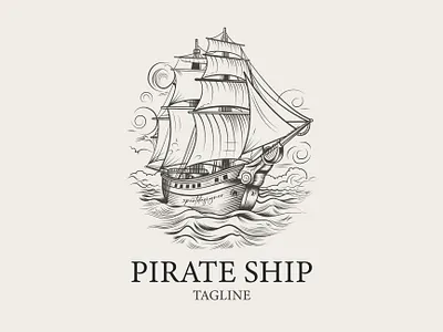 Hand Drawn Vector Vintage Pirate Ship Sketch Illustration. affinity designer creative design graphic design highly detailed illustration ipad drawing ipad illustration logo pirate ship pirate ship logo retro ship logo sketch vector vintage vintage pirate ship logo vintage vector art vintange drawing