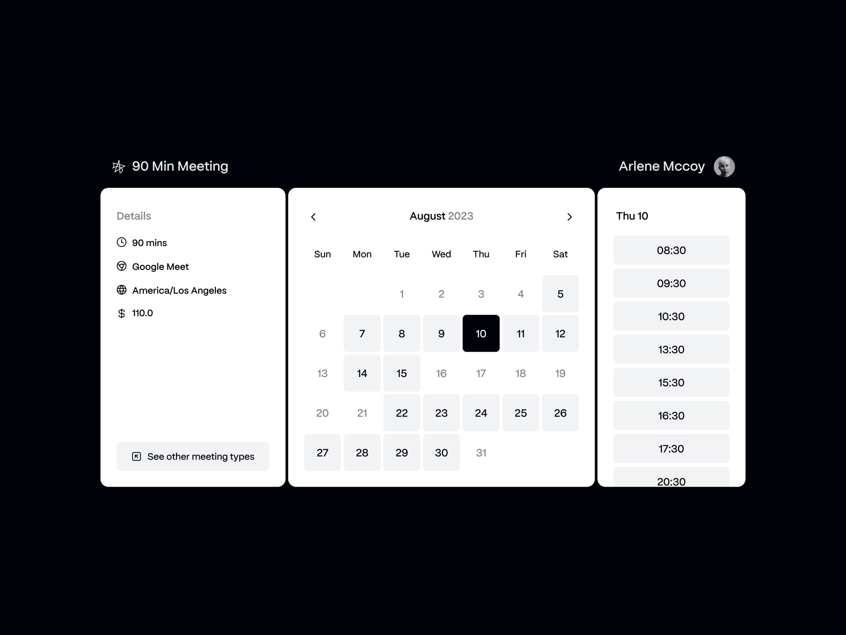 Booking Page - Dark theme booking calendar design google meet meet minimal modern reservation reservation page session simple design ui ui design uiux webapp