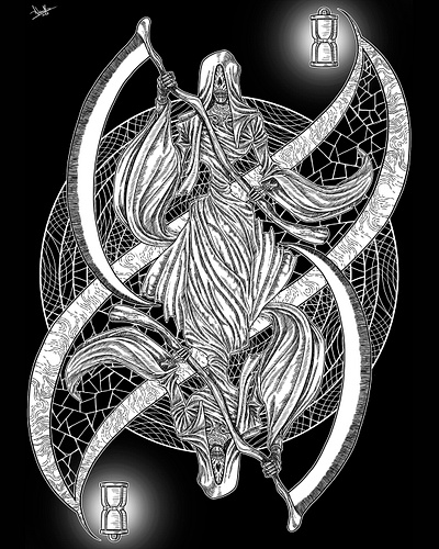 The reaper art blackandwhite character characterdesign creature dark dark art death digital illustration lineart mirror monochrome reaper scythe