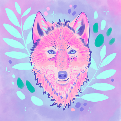 Grey Wolf illustration pink teal wolf