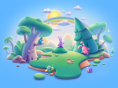 Magic forest beautiful bush butterfly characters clouds drawing flowers forest fun hares hide illustration landscape magic morning rainbow sky snail sun tree