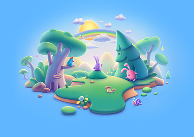 Magic forest beautiful bush butterfly characters clouds drawing flowers forest fun hares hide illustration landscape magic morning rainbow sky snail sun tree