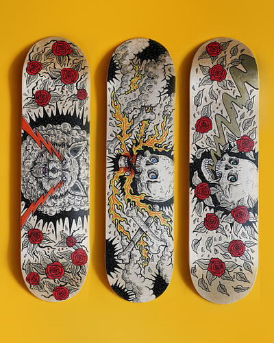 Skate art deck drawing floral hand drawn illustration ink skateboard skating skull
