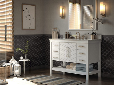 Elegance: Intricate Patterns and Warm Ambiance in Bathrooms 3d lifestyle rendering sophisticated lighting