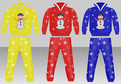 Digital Fashion/Pajama for kids apparel blue children digital fashion fashion fur hoods illustration kids wear pajama pants pattern red snowflake snowman winter yellow