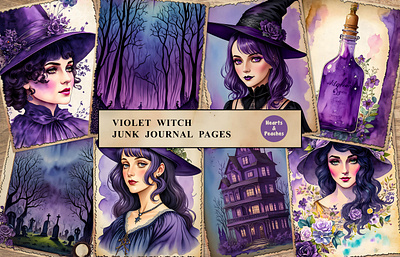 Free Violet Witch Junk Journal Pages design digital art digital download ephemera free freebie graphic design halloween illustration junk journal kit junk journal paper junk journal printable vintage junk journal pages violet witch ephemera violet witch junk journal watercolor witch ephemera witch junk journal witch junk journal kit witchy