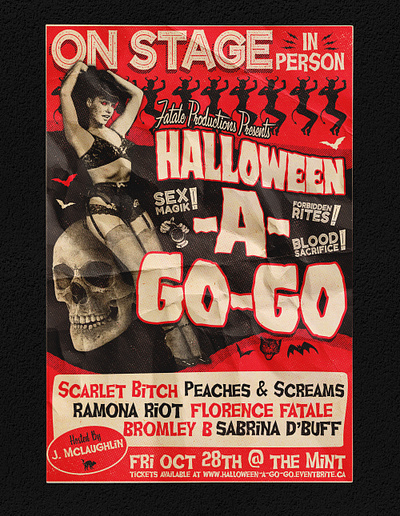 Poster Design: Halloween A-Go-Go, Victoria BC branding burlesque design fatale productions gig poster halloween illustration jesse ladret malcontent creative poster print show poster typeography vancouver island victoria bc