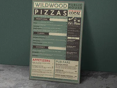 Menu Design: Wildwood Pub, Powell River BC branding design jesse ladret malcontent creative menu powell powell river print restaurant river typeography vancouver island victoria bc