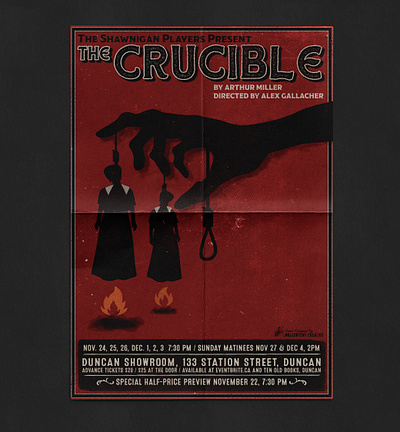 Poster Design: The Crucible, Duncan BC bc branding crucible design duncan gig poster illustration jesse ladret malcontent creative print shakespeare shawnigan lake players typeography vancouver island victoria bc