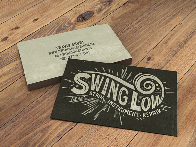 Logo & Business Card Design: Swing Low Strings, Victoria BC branding business card design illustration instrument repair jesse ladret logo malcontent creative print swing low strings travis short typeography vancouver island victoria bc