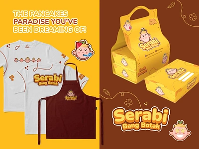 Serabi Bang Botak - Mockup animation apron brandcollateral branding brown chocolate design emoticon fnb foodandbeverage fun graphic design illustration logo mascot pancake visualidentity yellow