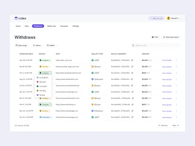 Withdraw table / Dashboard analitycs crypto dashboard dropdown filters responsive table withdraw