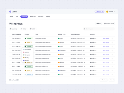 Withdraw table / Dashboard analitycs crypto dashboard dropdown filters responsive table withdraw