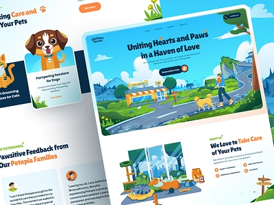 Petopia - Pet Hotel Landing Page adopt animals cat design dog flat green tone grooming illustration landing page pet pet care pet hotel pets ui vector web design