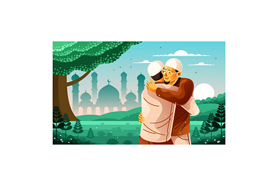 Muslim Embrace on Eid Al-Fitr Celebration Illustration unity