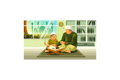 Muslim Father Teaching Quran to Son Illustration faith
