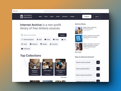 Internet Archive Redesign card design e book library news search bar search field ui ux website
