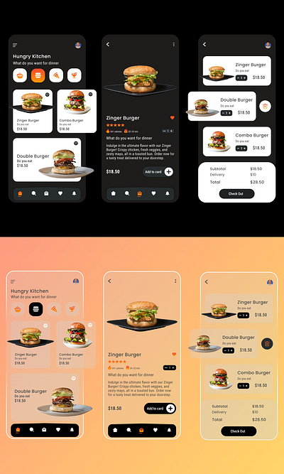 Hungry Kitchen Deliciously Designed Trend setting UX/UI Food Ap figmadesign food app food app design mobile application mobile screens mobileappdesign ui ui desgner ui design ui figma design ui trend uitrend2023 usercentereddesign ux design ux designer uxui uxui app design visualaesthetics