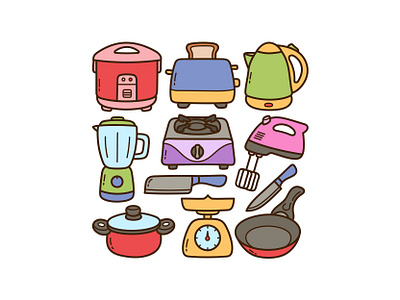 Kitchen Doodle Set blender cute doodle illustration kettle kitchen pressure cooker stove vector