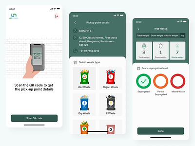 Waste Management App address details calculation custom app design eco friendly mobile app product design qr code react native scanner segregation level ui ui design ux waste collector app waste management app waste picker waste type waste weight weight calculation