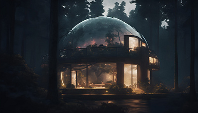 2099 Glass house cyberpunk art futurism home futuristic art glass dome home house wallpaper